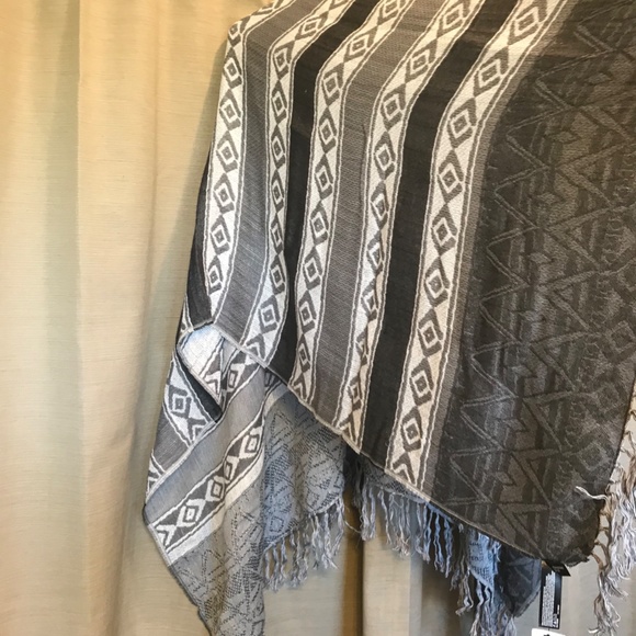White&Gray Express Poncho w/ Fringe - Picture 2 of 5